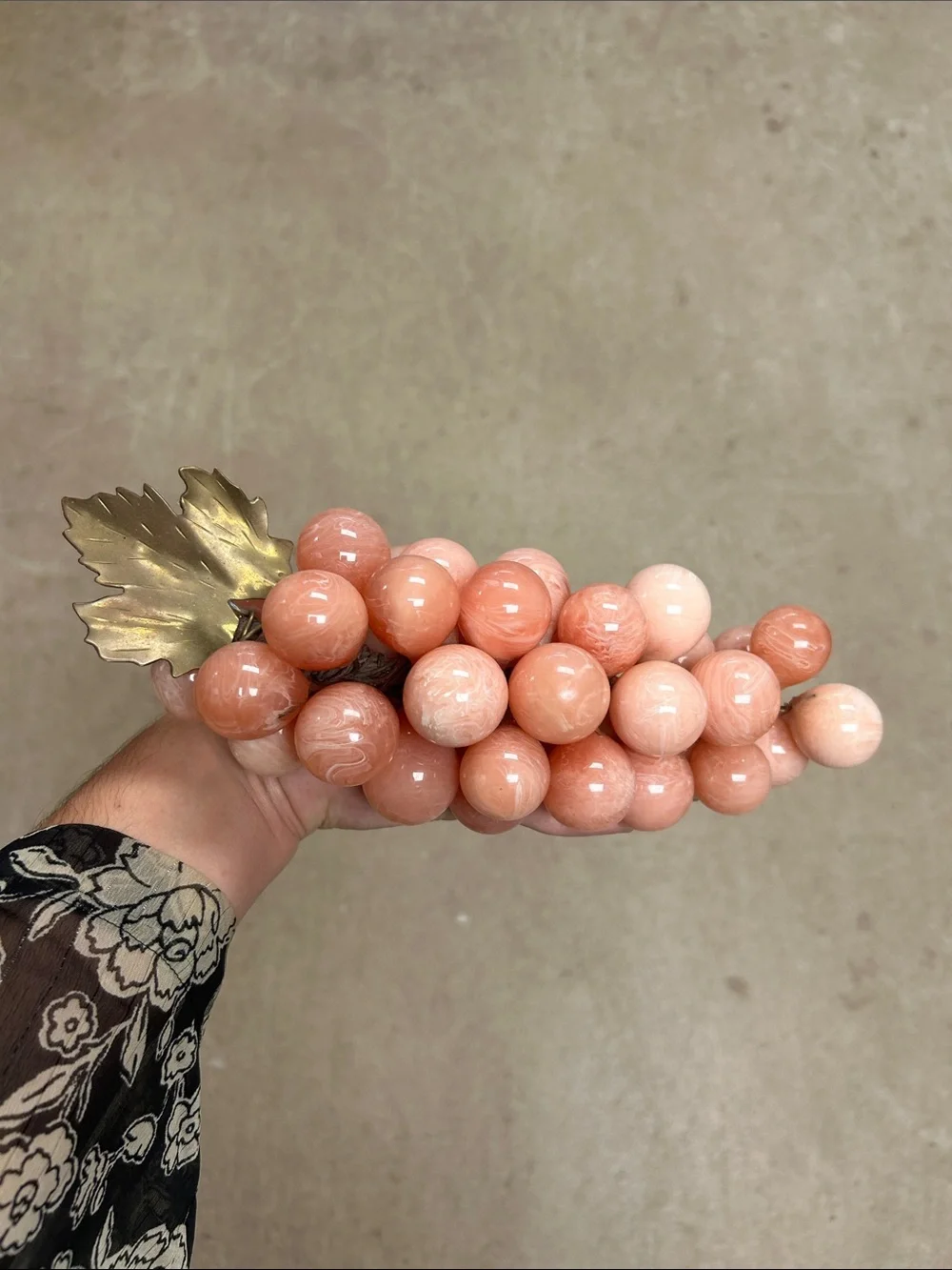 Vintage MCM Pink Lucite Rose Quartz Look Grape Cluster w/ Brass Leaf
